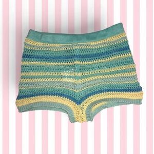 Peppermayo Crochet High-Waist Stripe Shorts in Mint, Yellow & Blue